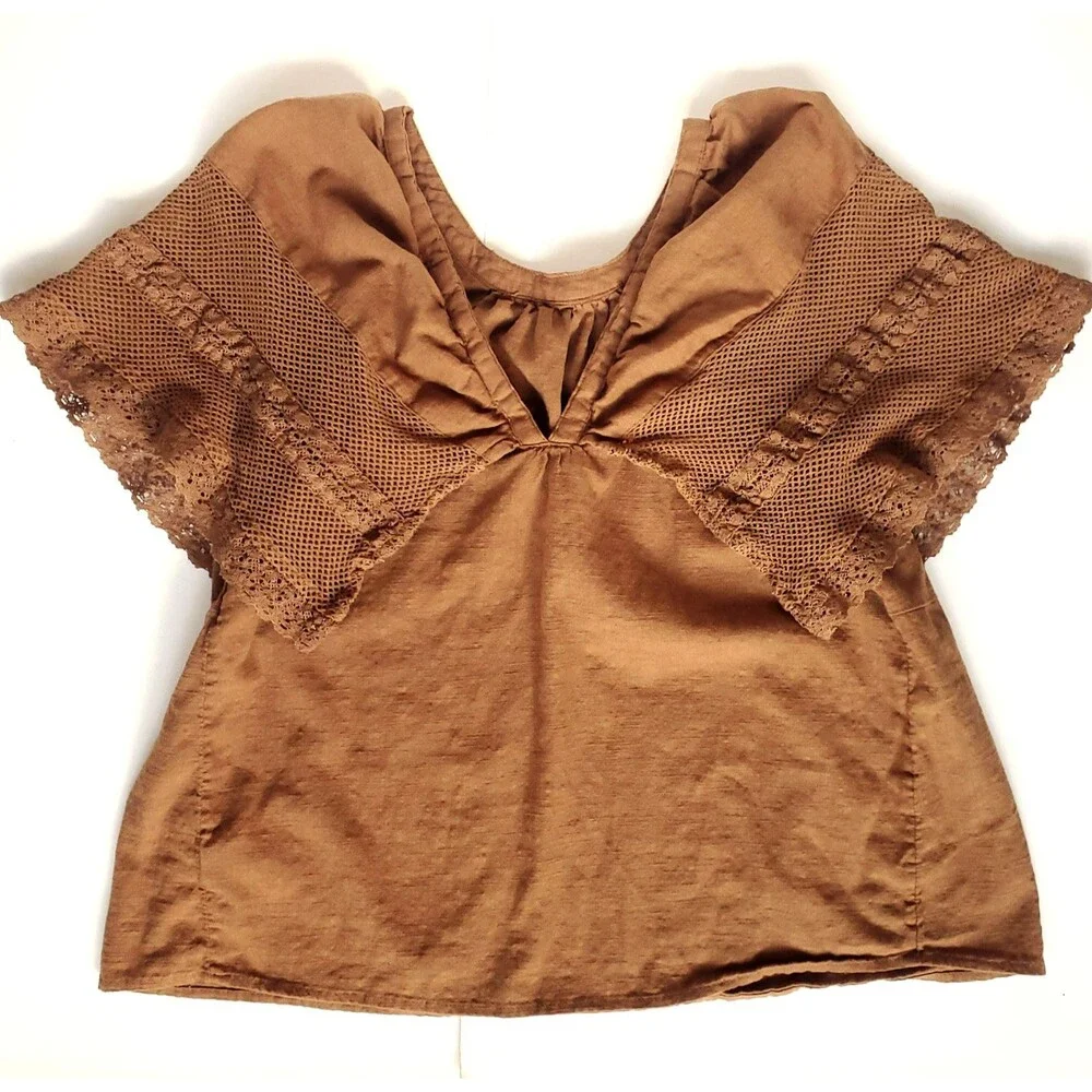 Old Navy Crochet Flutter Sleeve Top Womens M Sisal Brown Boho Chic Fairycore - Picture 7 of 9